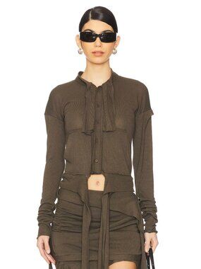NEW Ottolinger Linen Cardigan in Green Army Olive Cropped Long Sleeve Sweater XS
